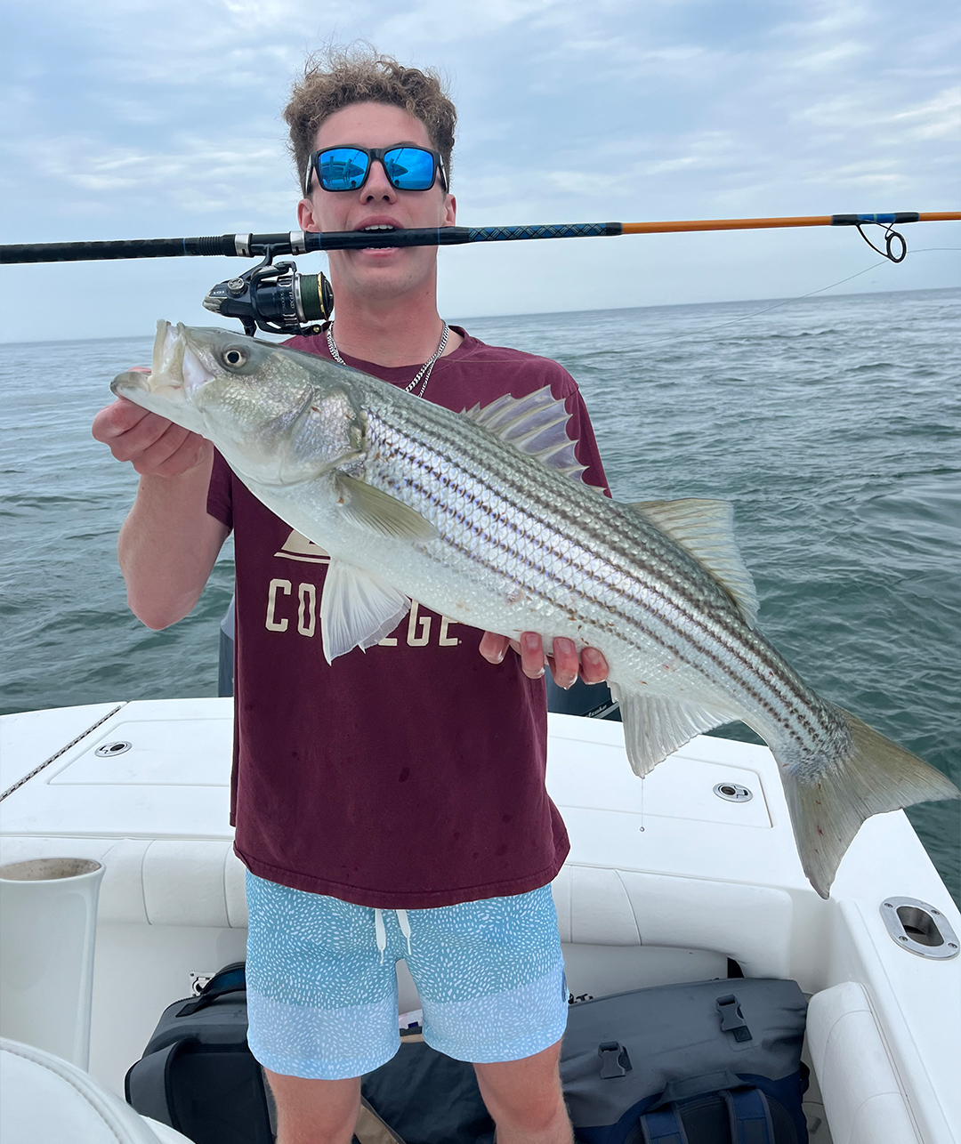 Captain Aidan Kelly with a fish he caught on his boart Captain Aidan Kelly with a fish he caught on his boart